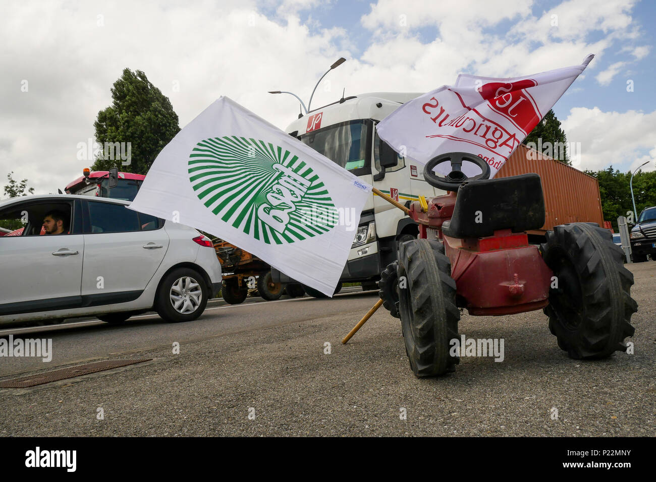 Lyon, France, 12th June 2018: Farmers, members of FNSEA and Jeunes Agriculteurs (in english, Young Farmers) are seen in Lyon (Central-Eastern France)  Stock Photo