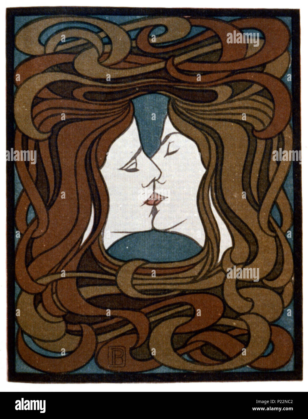 . English: Two faces kissing with entwined art-nouveau style hair. Illustration in: Pan. Berlin : F. Fontane & Co., Oct. 1898, vol. 4, between pps. 116 and 117. 1 print : woodcut, color. circa 1898. Peter Behrens (1868–1940) 221 Peter Behrens - Two Faces Kissing cph.3b49745 Stock Photo