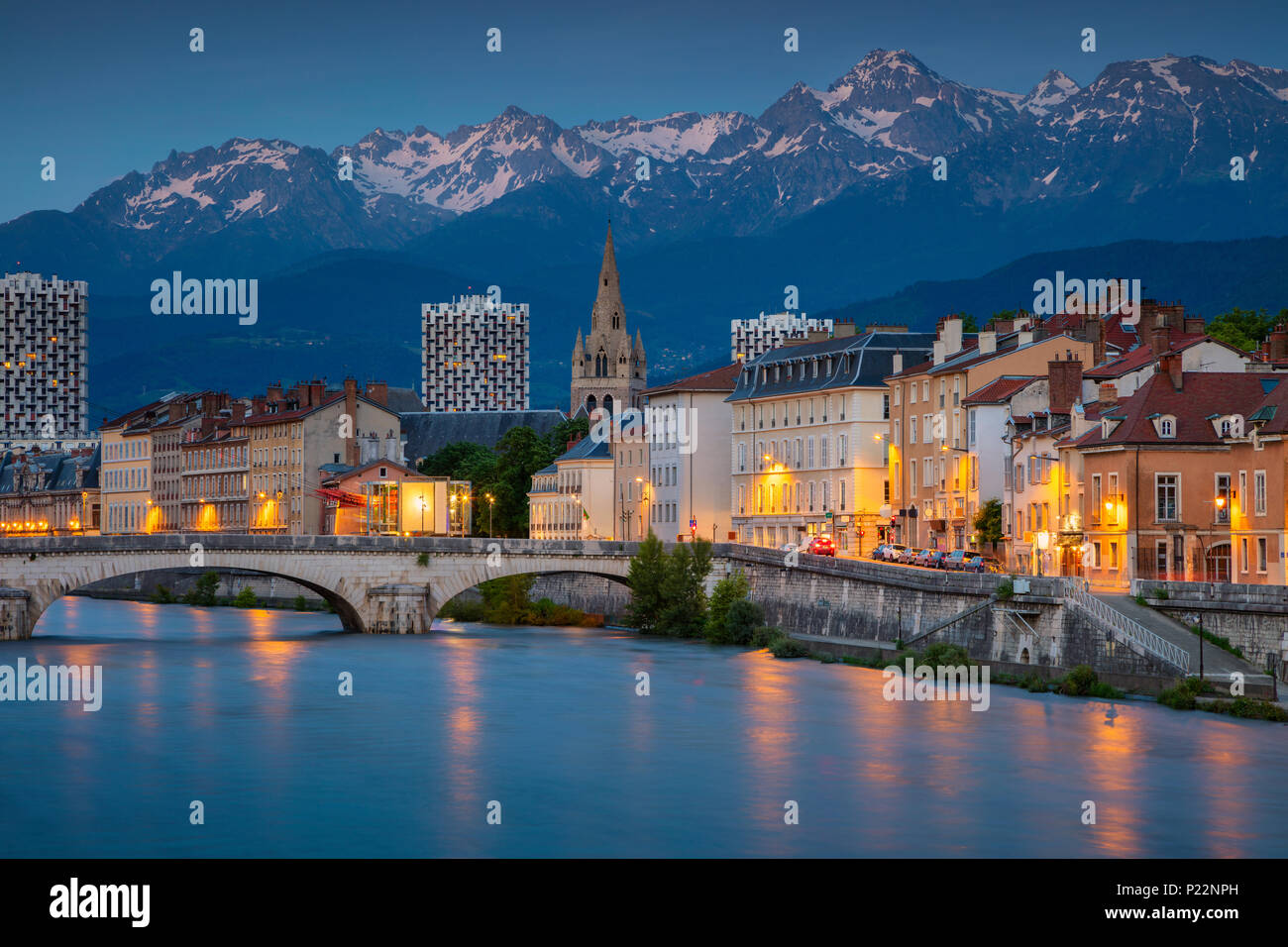 Grenoble. Cityscape image of Grenoble, France during twilight blue hour. Stock Photo