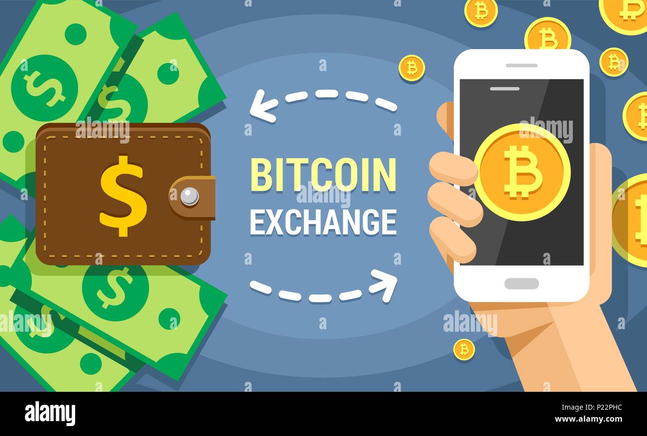 Colorful flat vector illustration of cryptocurrency bitcoin exchanging on  dollar cash. Mobile phone holded by human hand with bitcoins transferring  in Stock Vector Image & Art - Alamy