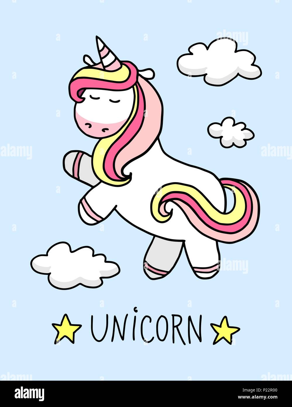 Fantasy cute unicorn in the sky with funny clouds on the blue background vector flat illustration Stock Vector