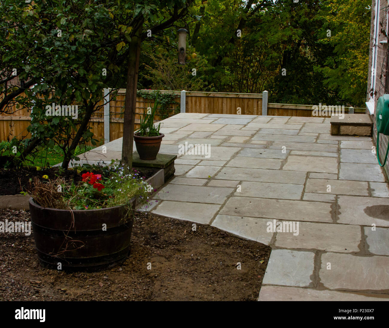 Newly laid patio made from indian slate. Stock Photo