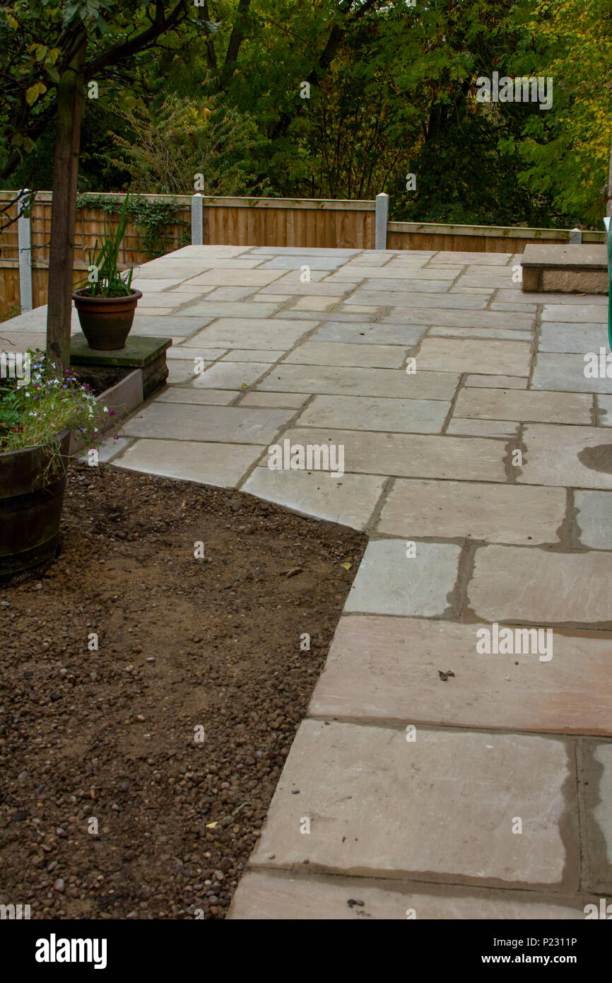 Newly laid patio made from indian slate. Stock Photo