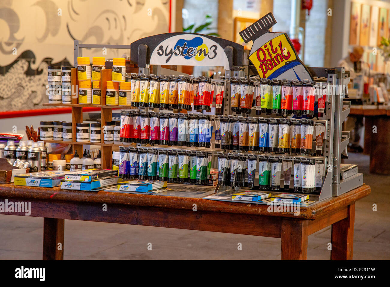 Art materials on display at Salts Mill, Saltaire, Yorkshire. Stock Photo