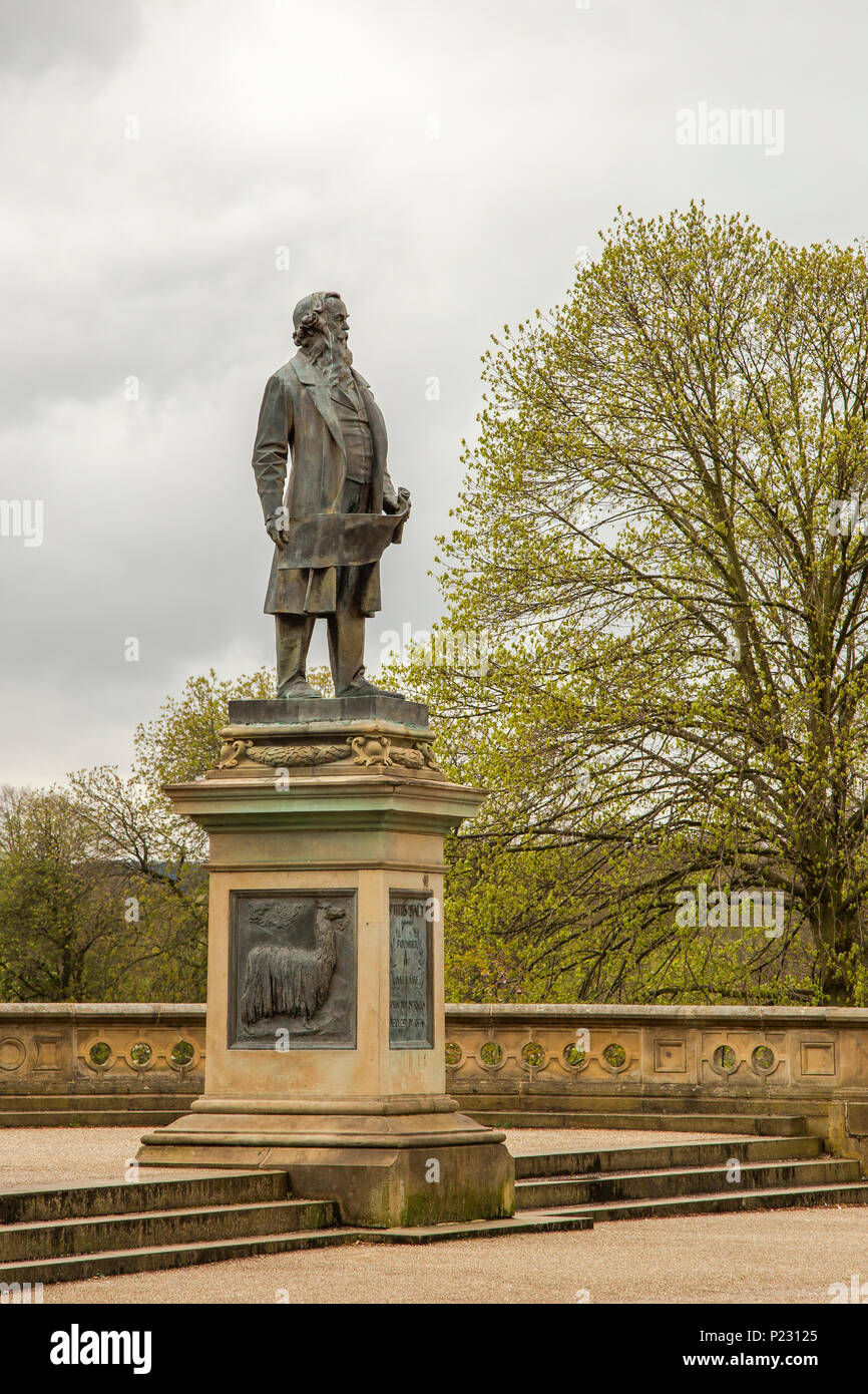 A statue of Sir Titus Salt in Roberts Park, Saltaire, West Yorkshire. Stock Photo