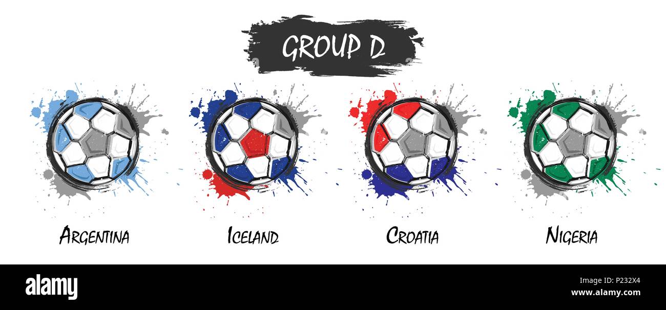 Set of national football team group D . Realistic watercolor art paint with stained splash color . Flat design . Vector for international world champi Stock Vector