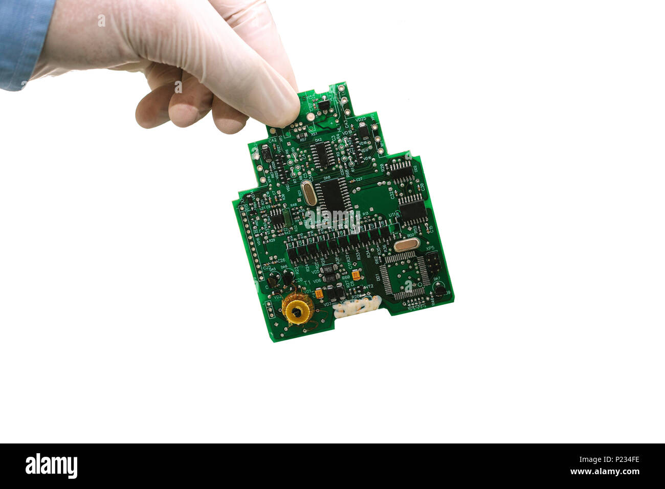 A man takes a hand or holds a computer board on a white background ...