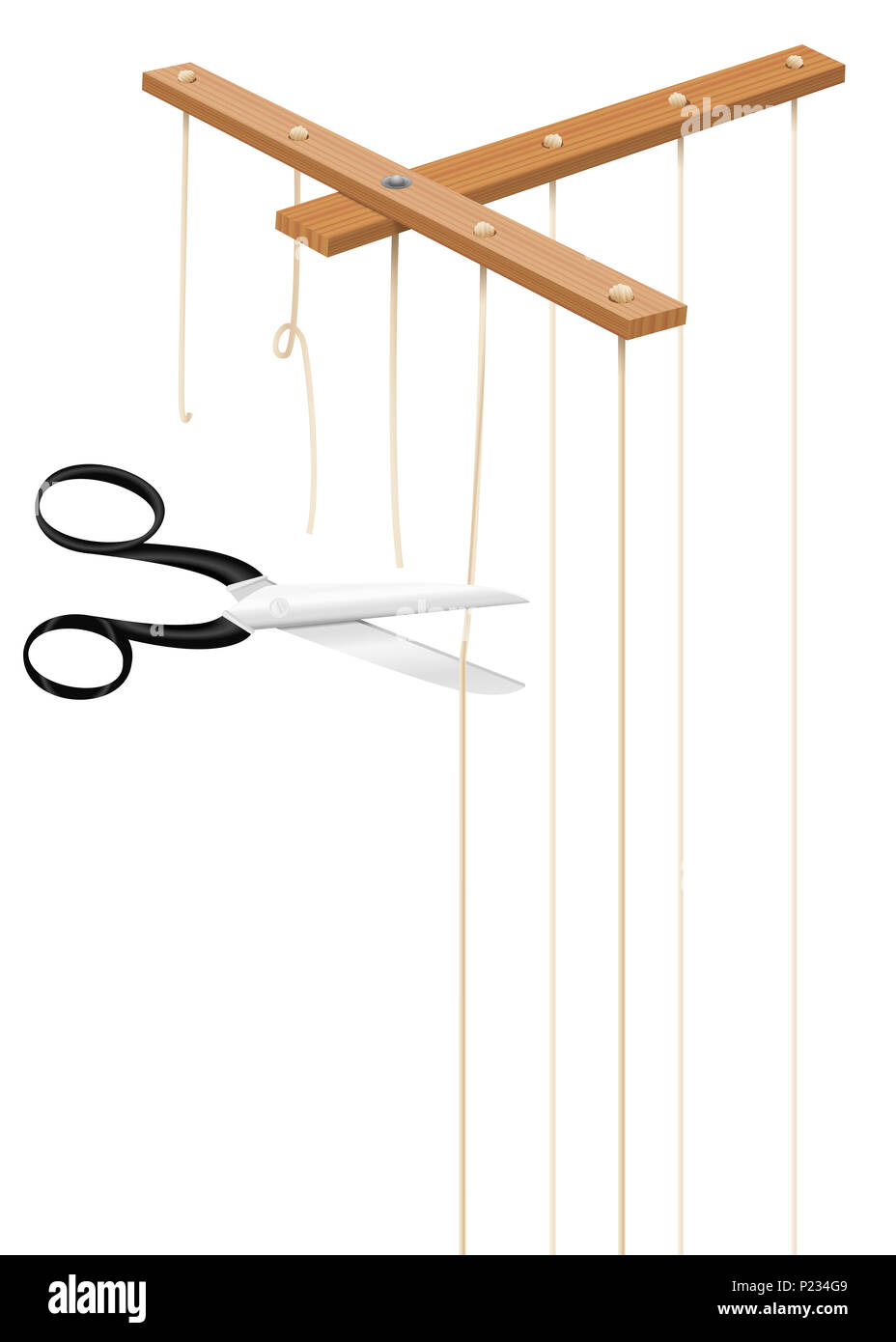 Scissors cuts strings of marionette control bar. Severed cords as a symbol for freedom, independence, emancipation, deliverance, liberation. Stock Photo