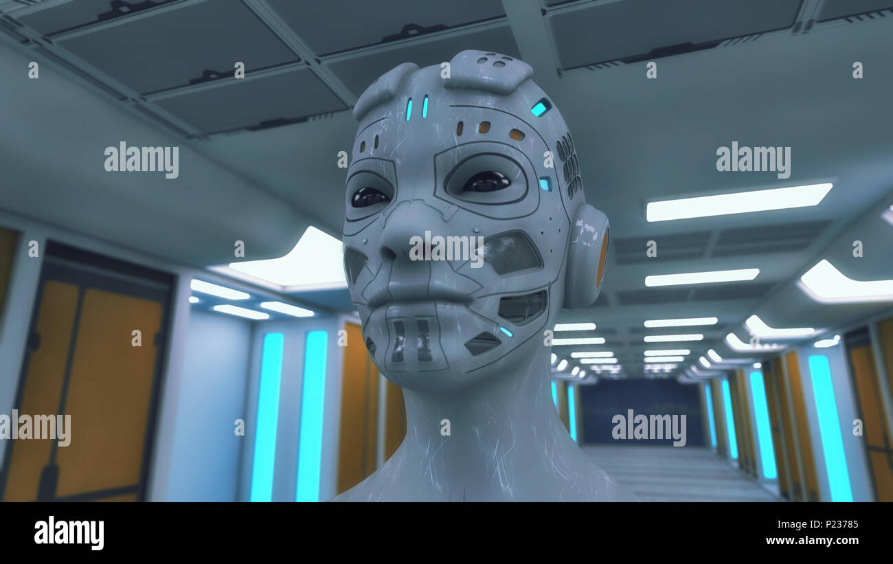 3d rendering. Humanoid head and futuristic room Stock Photo