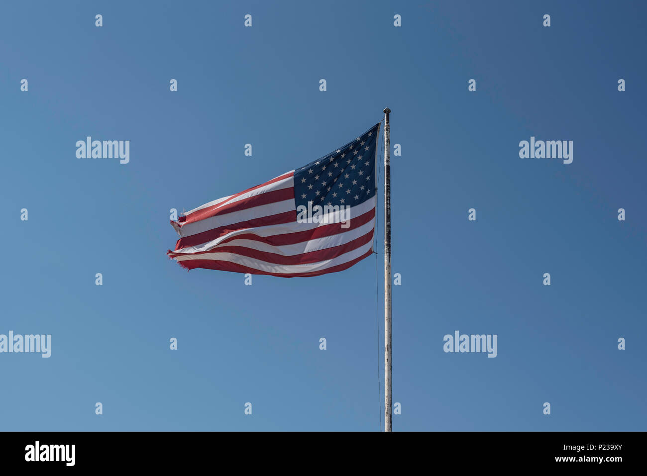 American stars and stripes flag blowing in the wind against a blue sky Stock Photo