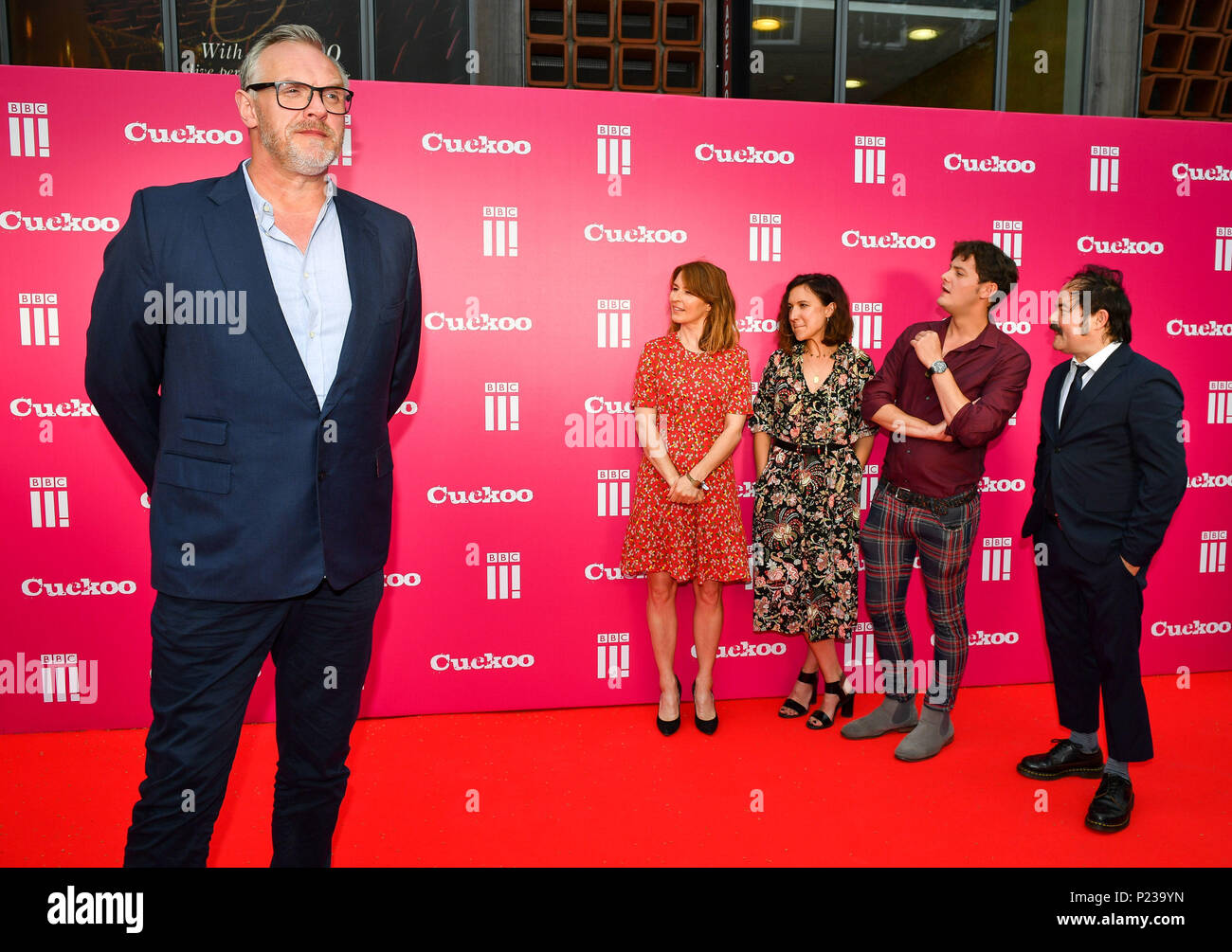 Cuckoo cast members (left to right) Greg Davies, Helen Baxendale, Esther Smith, Tyger Drew-Honey and Kenneth Collard, at the premiere of the next series of Cuckoo at Lichfield Garrick Theatre, Castle Dyke, Lichfield. Stock Photo