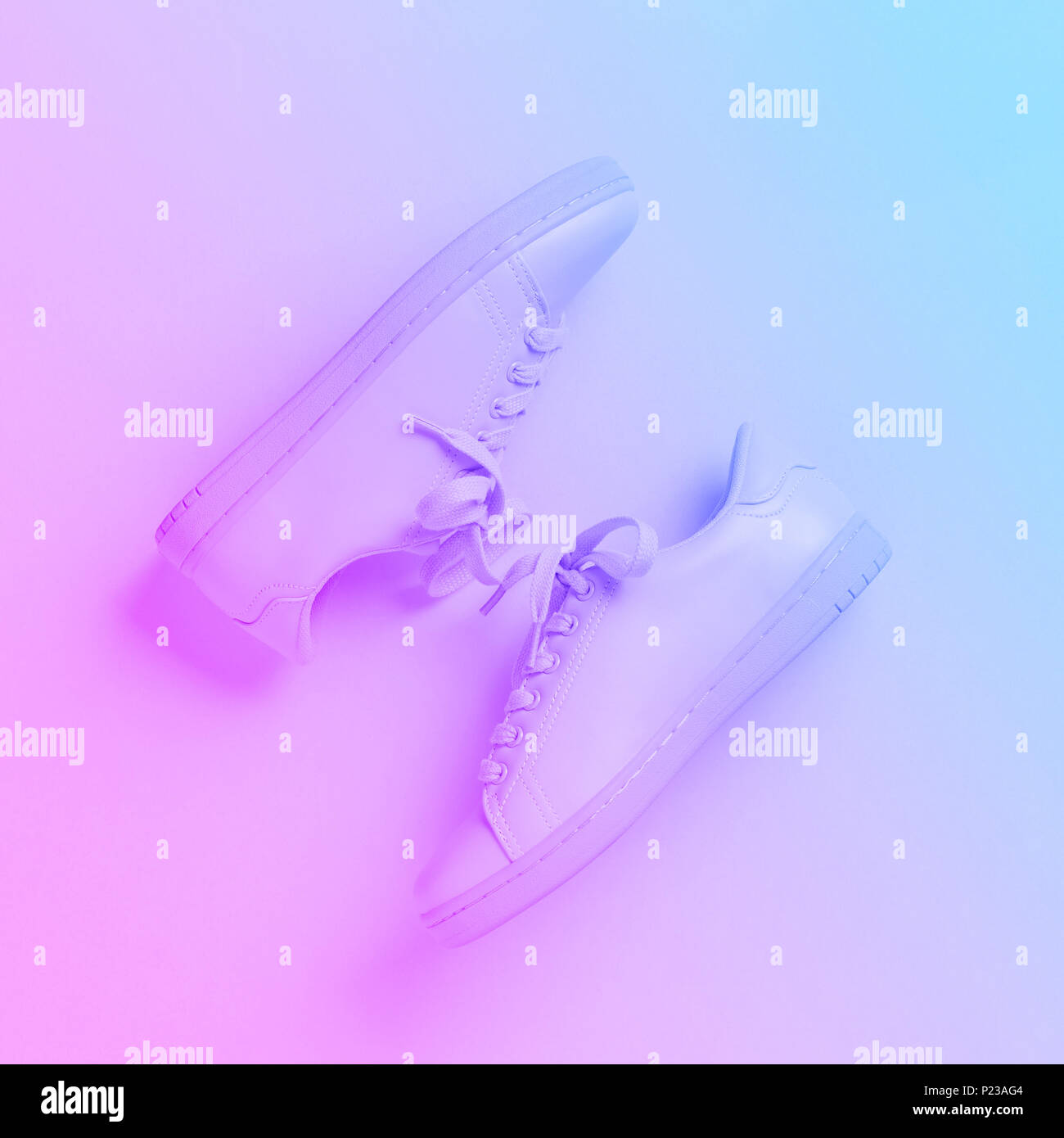 One pair shoes on duotone color. Trendy color 2018. Hipster concept. Stock Photo