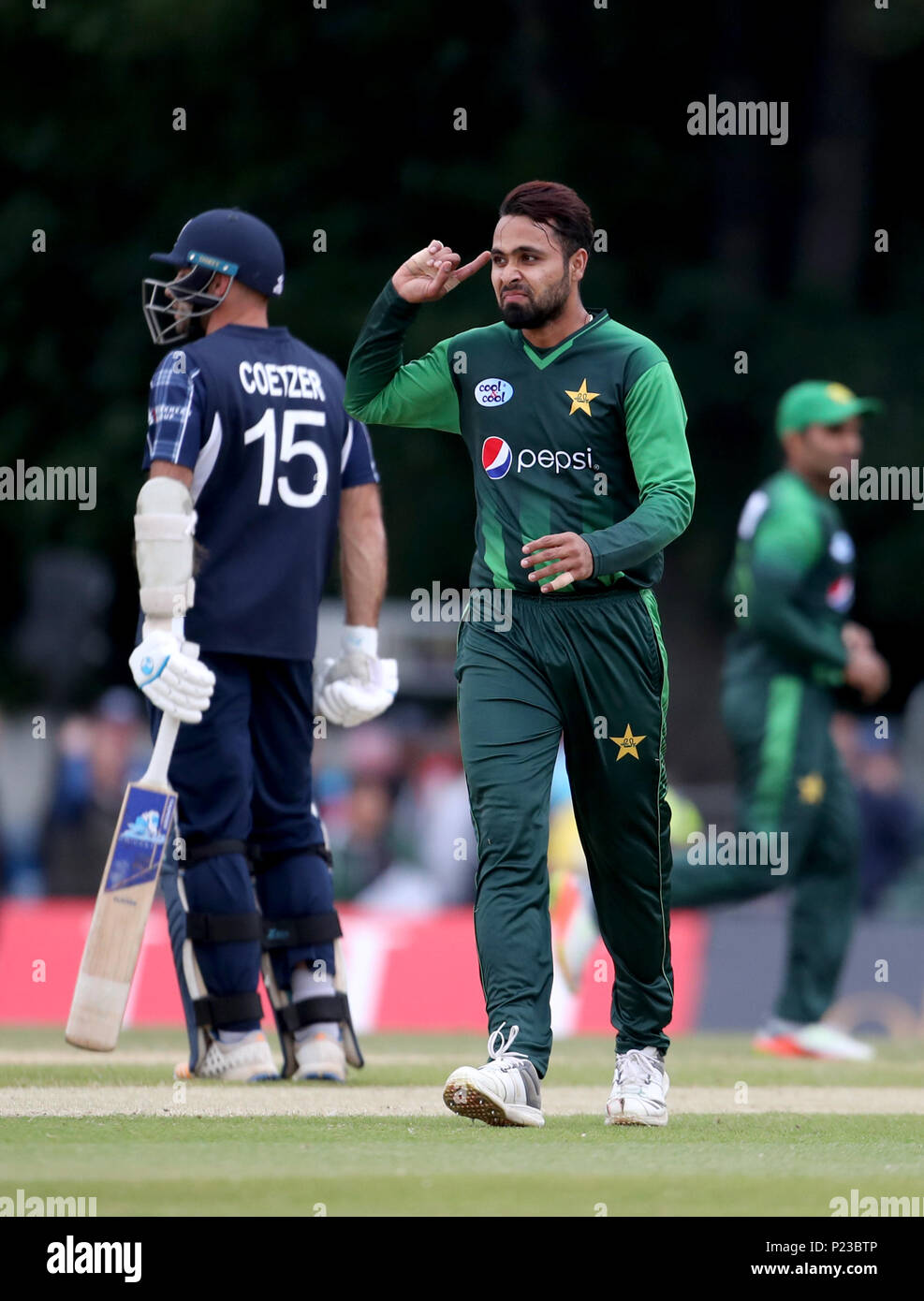Pakistan's Faheem Ashraf reacts after Scotland's Richie Berrington is out for 20 during the Second International T20 match at The Grange, Edinburgh. Stock Photo