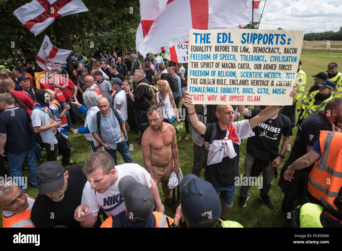 London, July 16th 2016. Up to 150 English Defence League take part in a protest rally in central London. The EDL activists encountered a small conting Stock Photo