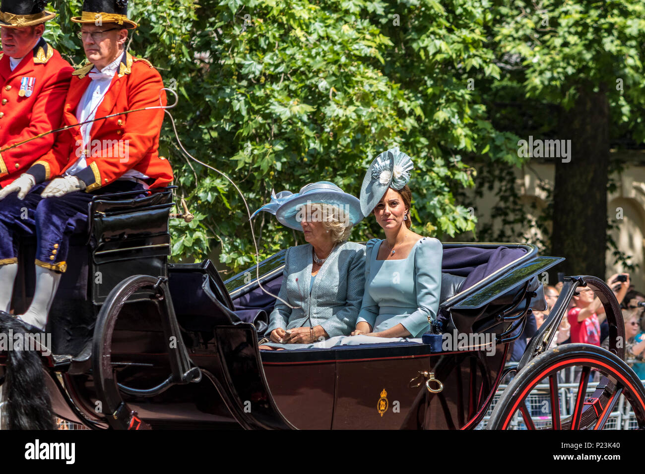 The Duchess Of Cambridge & The Duchess Of Cornwall riding together in a carriage along The Mall at Trooping The Colour Ceremony, London, UK Stock Photo