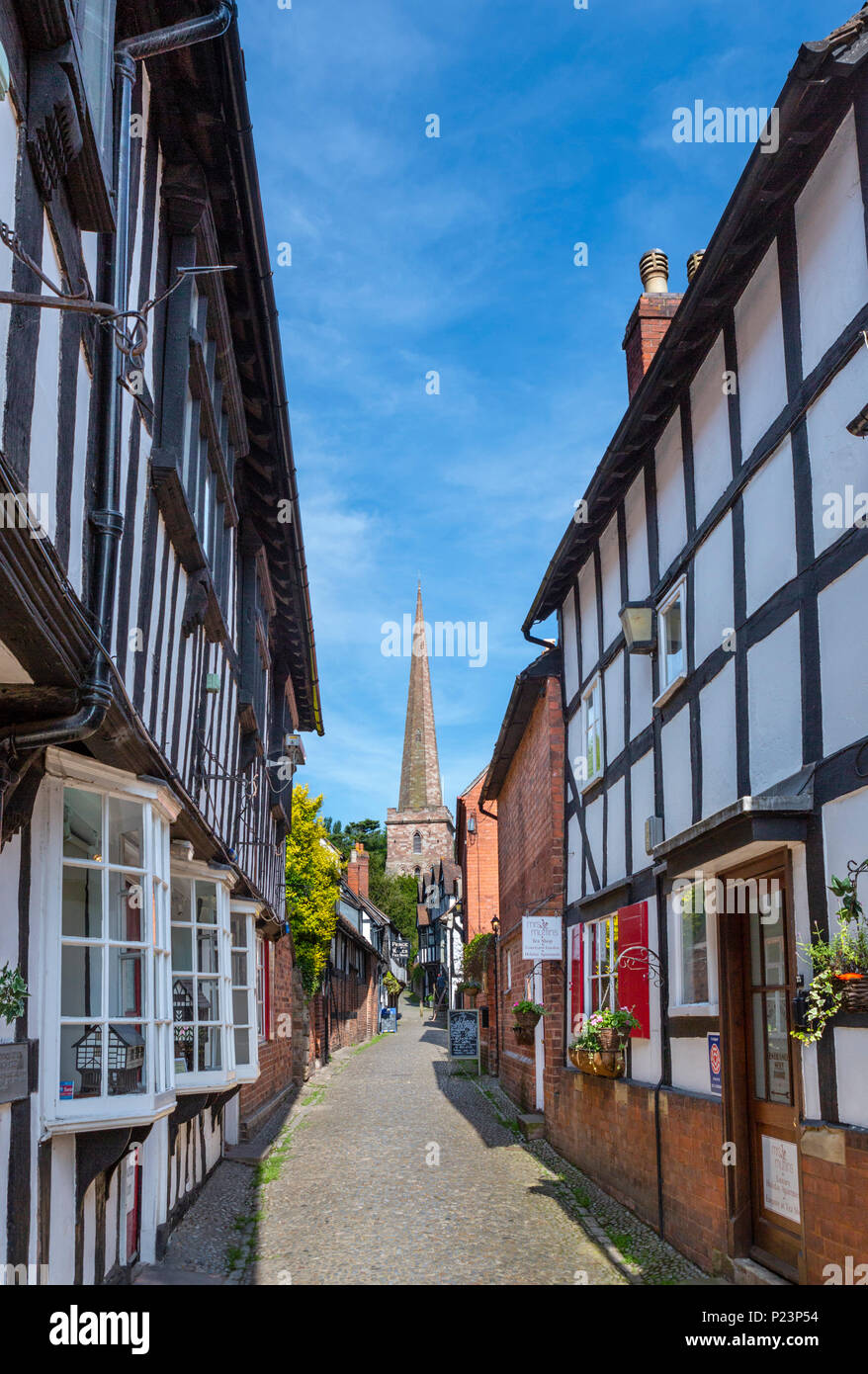 Traditional cobbled street in the old town, Church Lane, Ledbury, Herefordshire, England, UK Stock Photo