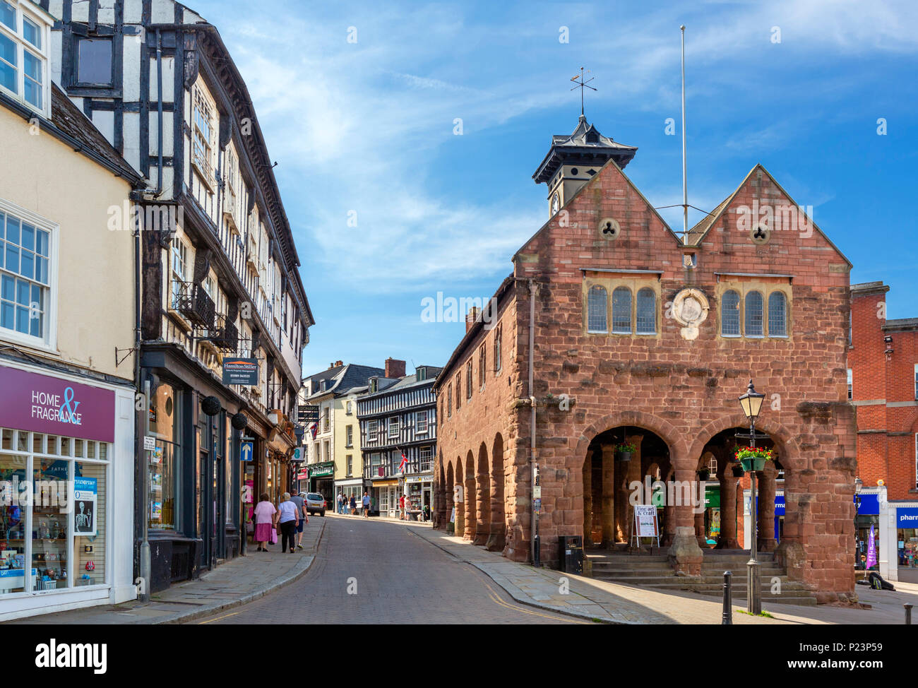 The Market House and shops in the town centre, Ross-on-Wye, Herefordshire, England, UK Stock Photo