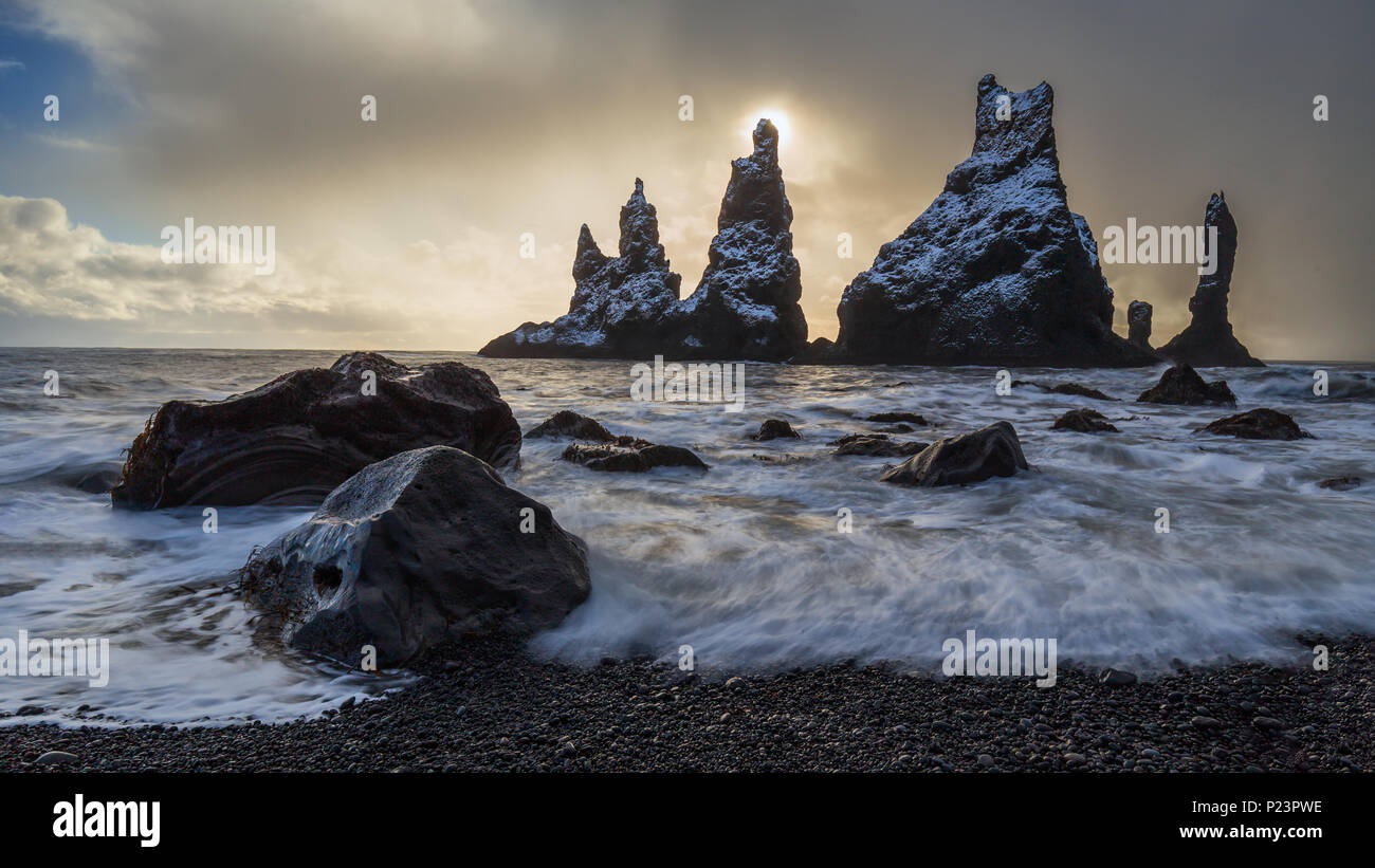 Reynisdrangar, iconic rocks in Reynisfjara beach Stock Photo