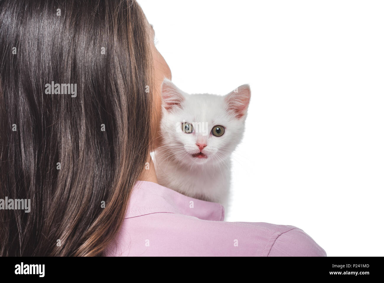 Rear View Of Young Woman With Kitten On Shoulder Isolated On White Background Stock Photo Alamy
