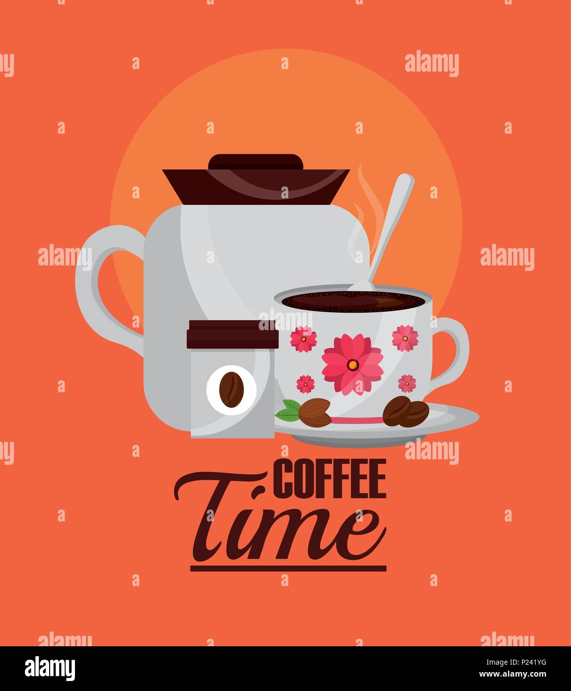 coffee time coffee maker and decorative flower in cup vector illustration Stock Vector Image