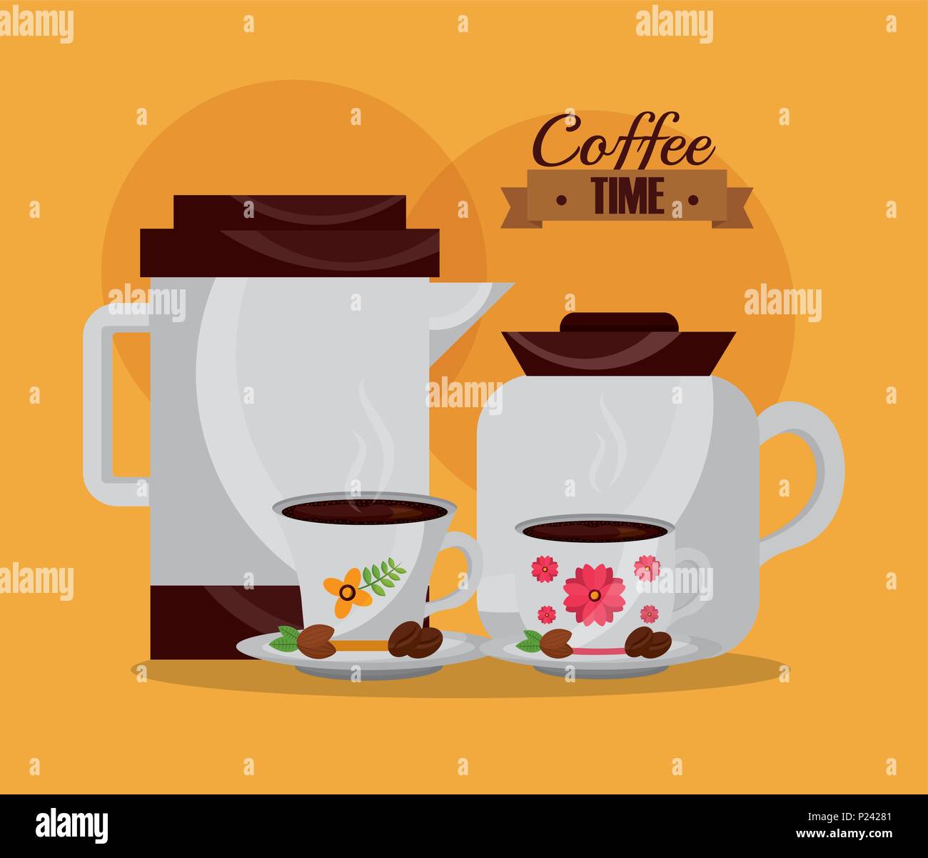 coffee makers and cups and seeds kitchenware floral vector illustration Stock Vector