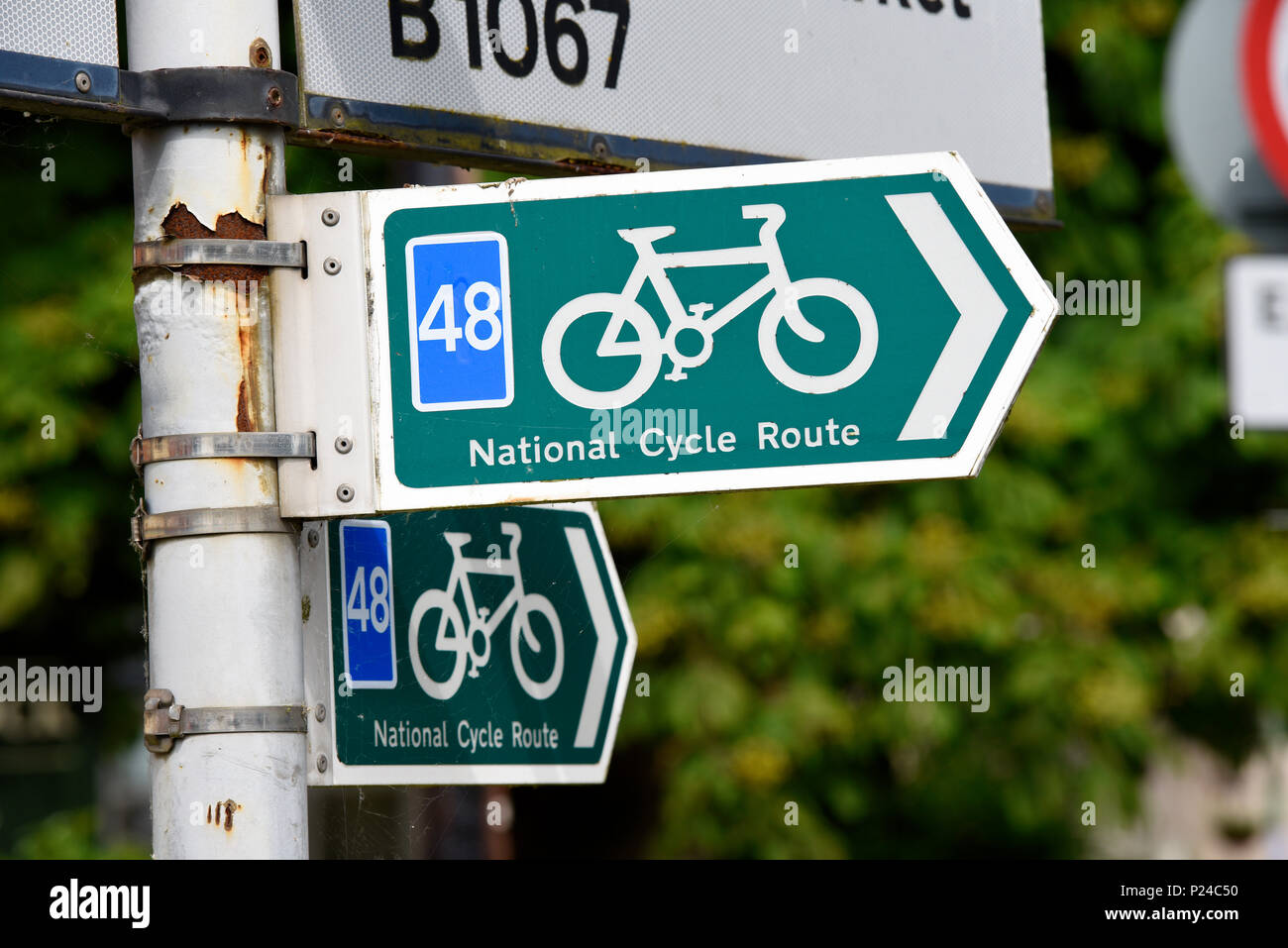 National Cycle Route 48 direction sign. Bramford, Suffolk, UK. Directions. Signs. Signpost. Blue 48 Stock Photo