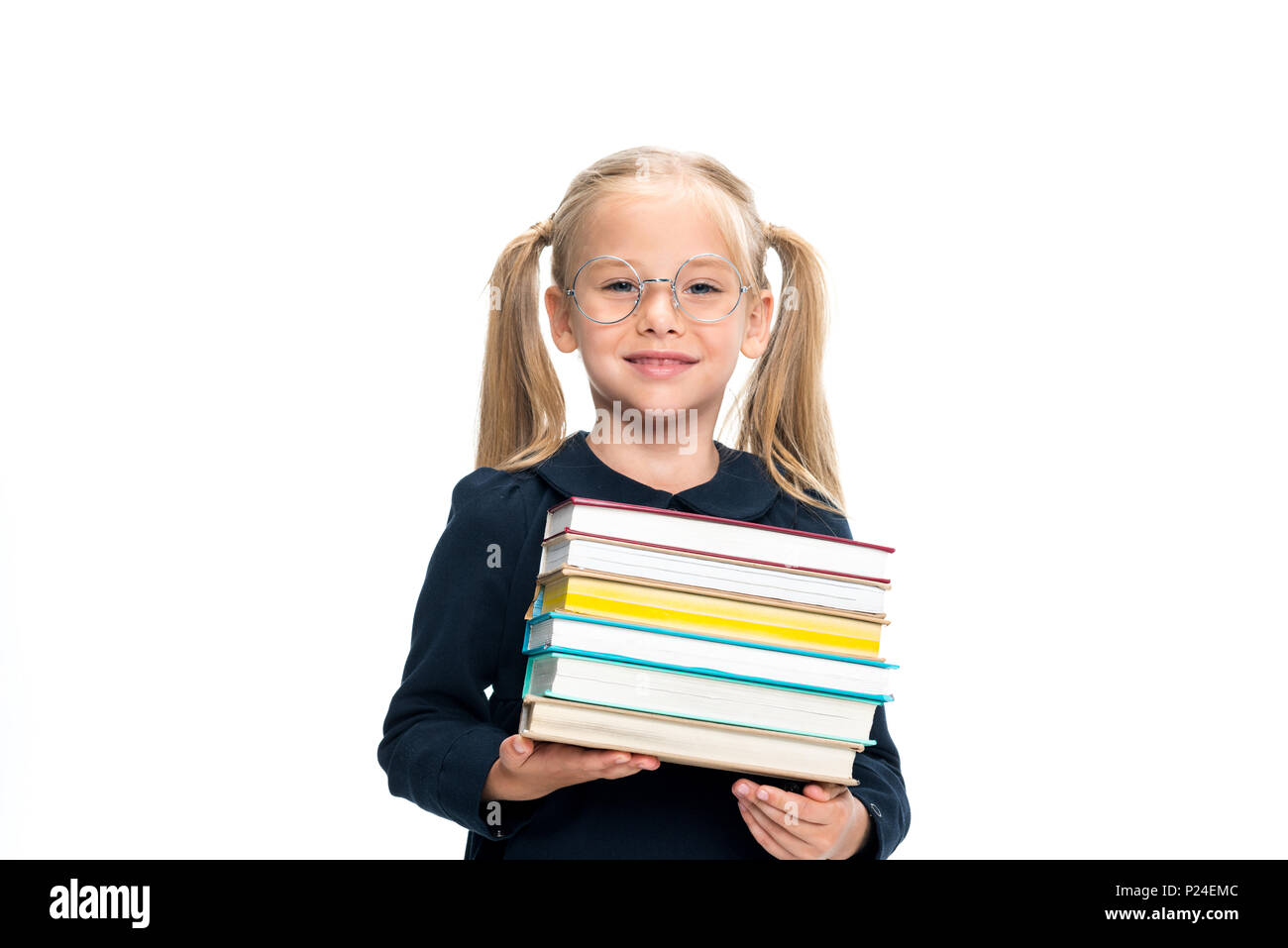 happy schoolgirl with stack of books isolated on white Stock Photo - Alamy