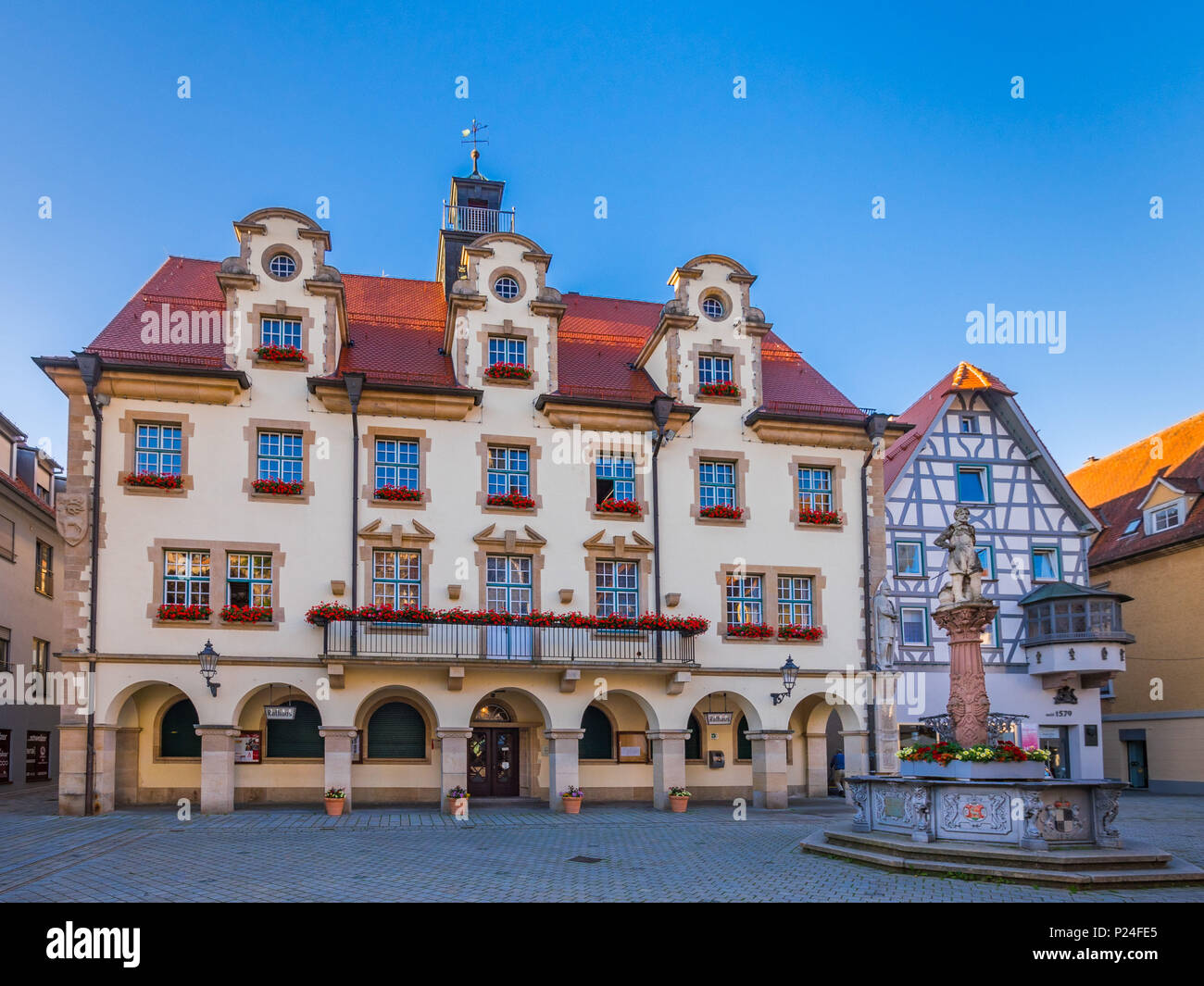City hall and market fountain, Old Town, Sigmaringen, Baden-Wurttemberg, Germany, Europe Stock Photo