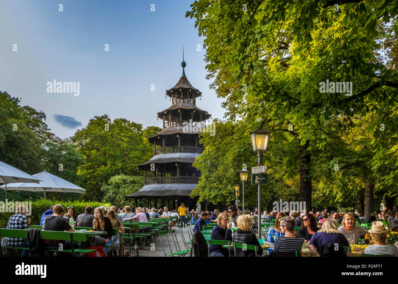 Beer garden at the Chinese Tower in the English Garden, Munich, Upper Bavaria, Bavaria, Germany, Europe Stock Photo
