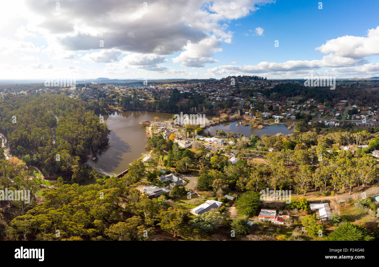 An aerial view of the quaint country town of Daylesford on a winter's