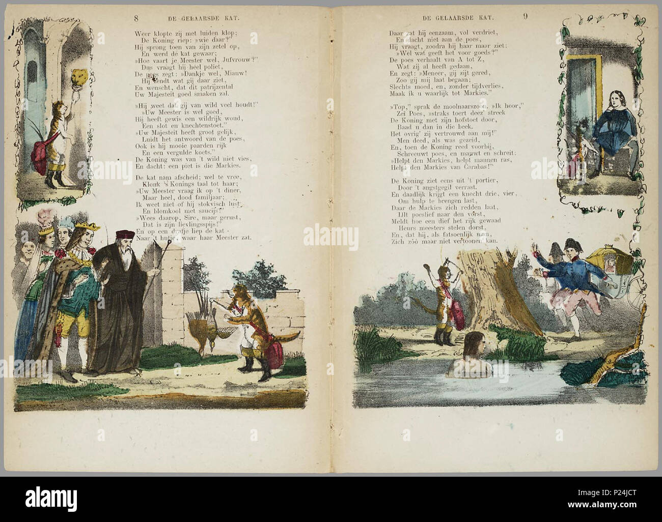 . De gelaarsde kat, of Hoe de marquis van Carabas een groot en rijk heer werd / door A. van der Hoop Jr.'s Zn. ; naar Charles Perrault.  Bewerking van het sprookje met afbeeldingen in zwart op de voorkant, en twee handgekleurde illustraties per blad, rondom de klein gedrukte rijmende tekst. // 3e dr. 8 bl : handgekl. lith // Datering: 3e dr. niet in Brinkman, 6e druk 1875, schatting tussen 1856 en 1875 // 1e uitg.: 1856 Prentenboeken // Sprookjes // Rijmvertellingen . A. van der Hoop Jr.'s zoon // Charles Perrault  PRB01 86390288X 003, 22-03-2006, 13:07,  8C, 3740x2804 (2687+2846), 100%%%%, Pr Stock Photo