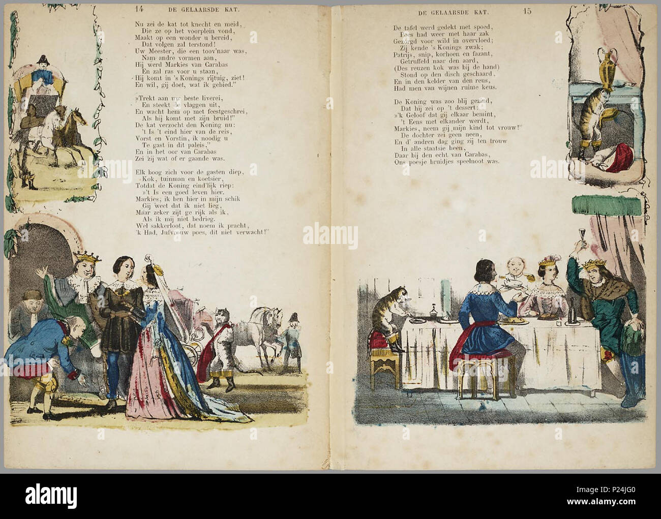 . De gelaarsde kat, of Hoe de marquis van Carabas een groot en rijk heer werd / door A. van der Hoop Jr.'s Zn. ; naar Charles Perrault.  Bewerking van het sprookje met afbeeldingen in zwart op de voorkant, en twee handgekleurde illustraties per blad, rondom de klein gedrukte rijmende tekst. // 3e dr. 8 bl : handgekl. lith // Datering: 3e dr. niet in Brinkman, 6e druk 1875, schatting tussen 1856 en 1875 // 1e uitg.: 1856 Prentenboeken // Sprookjes // Rijmvertellingen . A. van der Hoop Jr.'s zoon // Charles Perrault  PRB01 86390288X 006, 22-03-2006, 13:10,  8C, 3740x2804 (2687+2846), 100%%%%, Pr Stock Photo