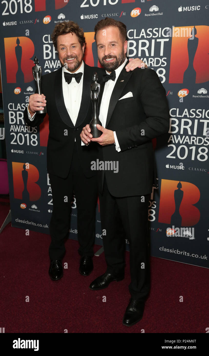 Michael Ball (left) and Alfie Boe with their second awards of the night,  the Classic FM Album of the Year award, at the Classic Brit Awards 2018, at  the Royal Albert Hall