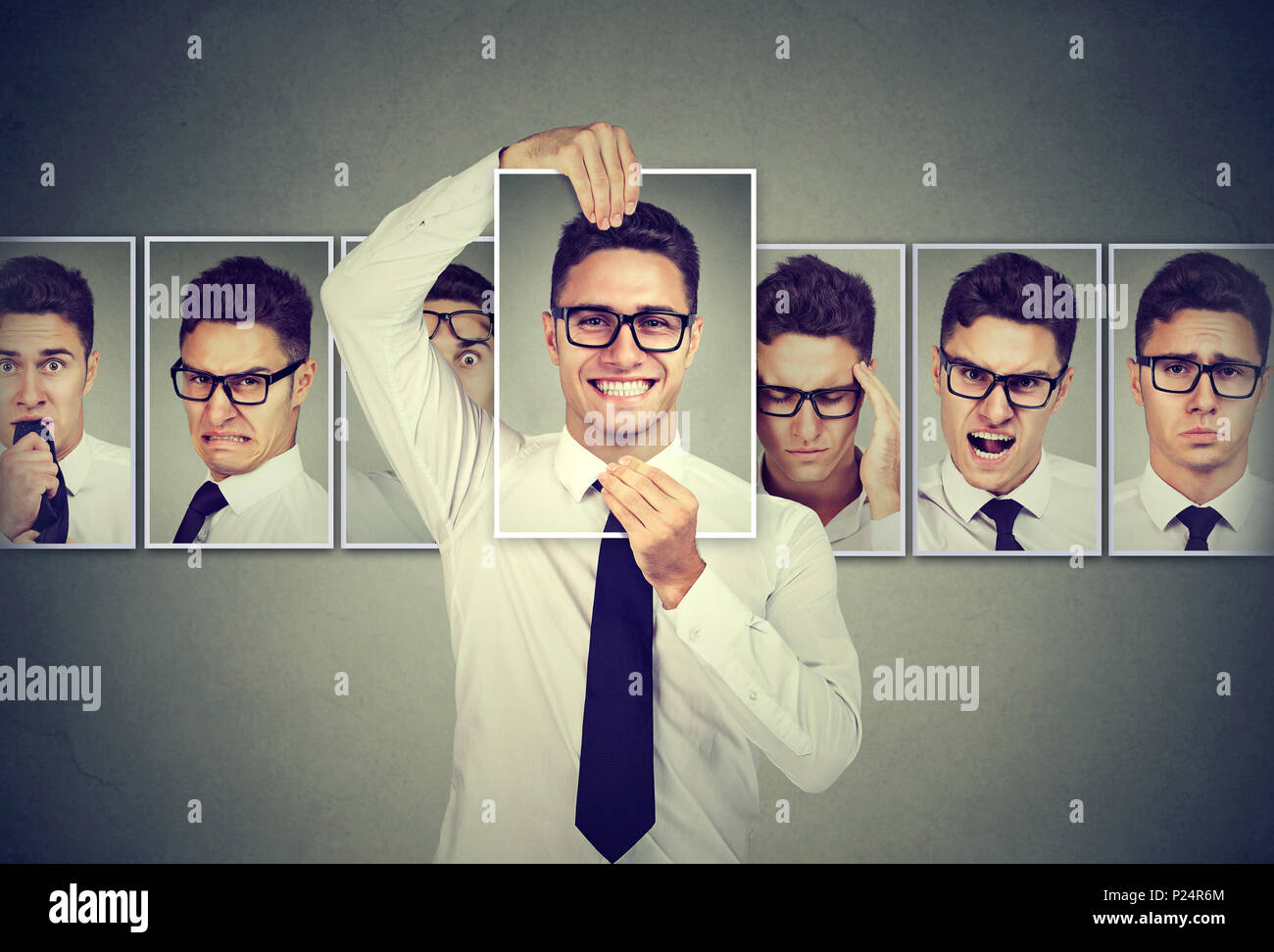 Masked man in glasses expressing different emotions Stock Photo