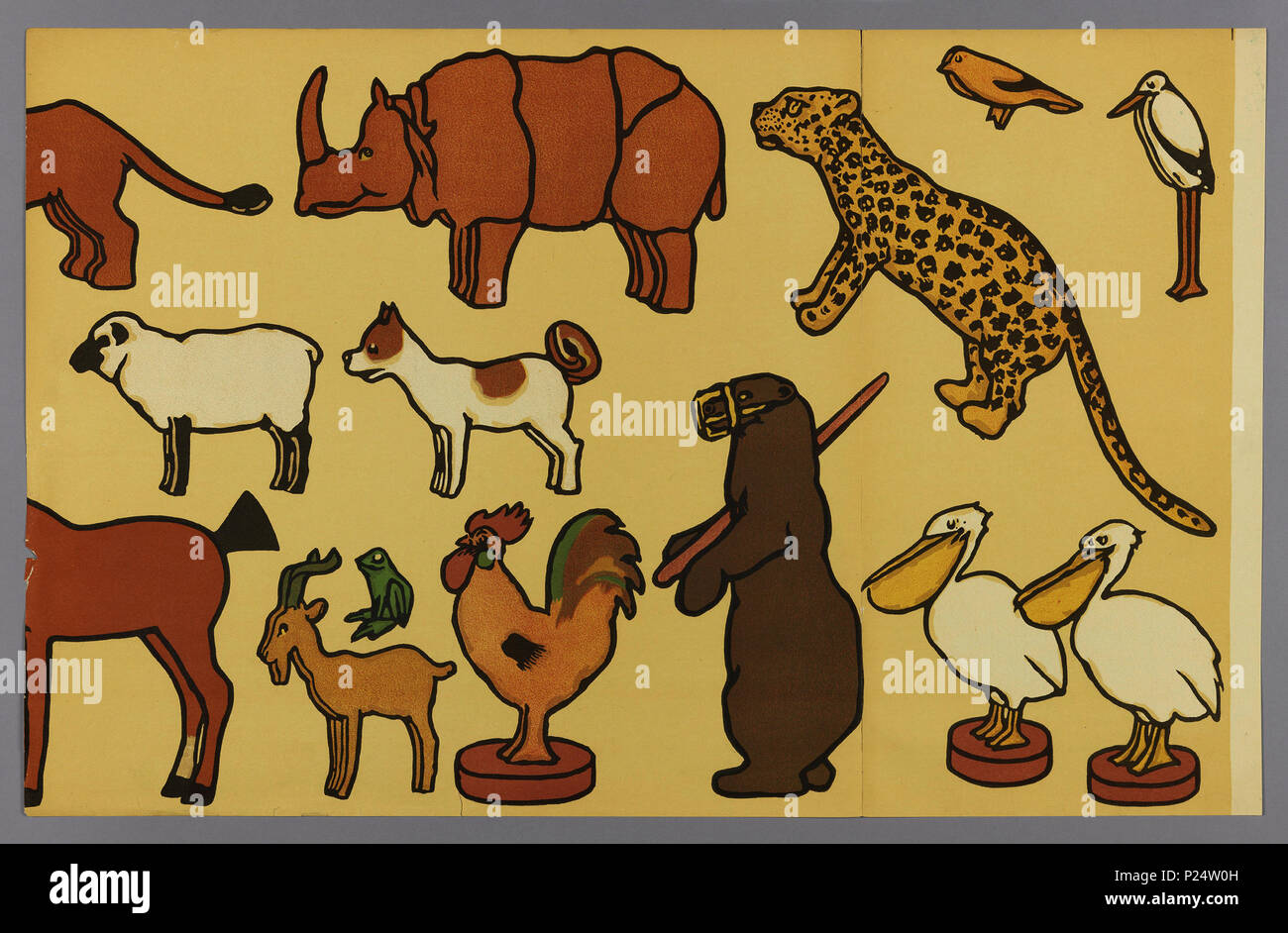 .  English: Frieze - Cut Outs, Jungle Cut Outs, 1906 .  English: Children's frieze, containing various animals, including dog, sheep, goat, pelican, rhinoceros and leopard. Printed in colors on a tan ground. The paper can be installed as is forming a frieze or the animals can be cut out and pasted on the wall or pinned to a fabric wallcovering. . 1906 129 Frieze - Cut Outs, Jungle Cut Outs, 1906 (CH 18431557) Stock Photo