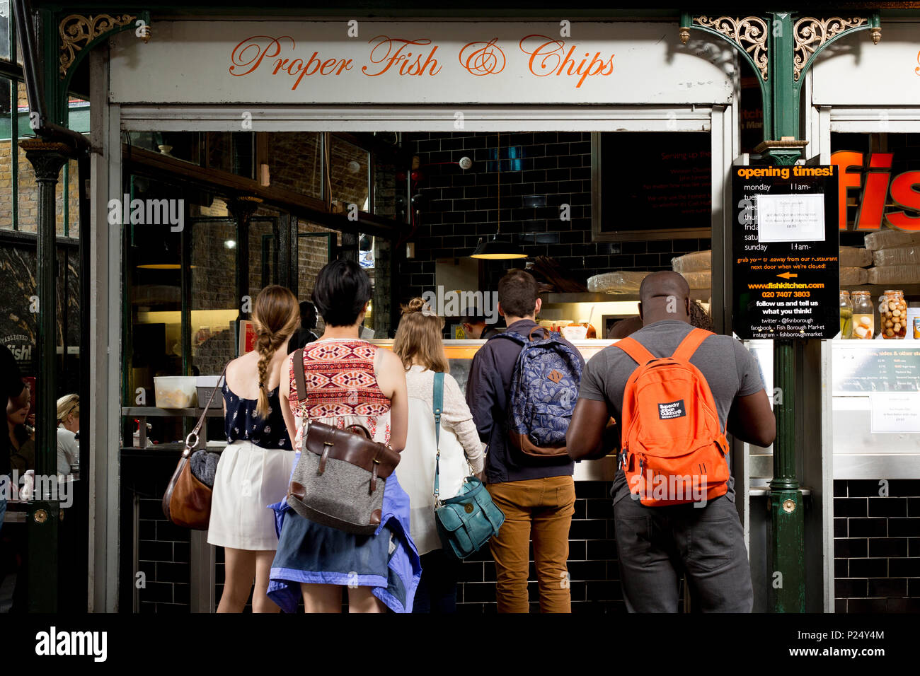 London, UK, queue in front of a fish and chips business Stock Photo