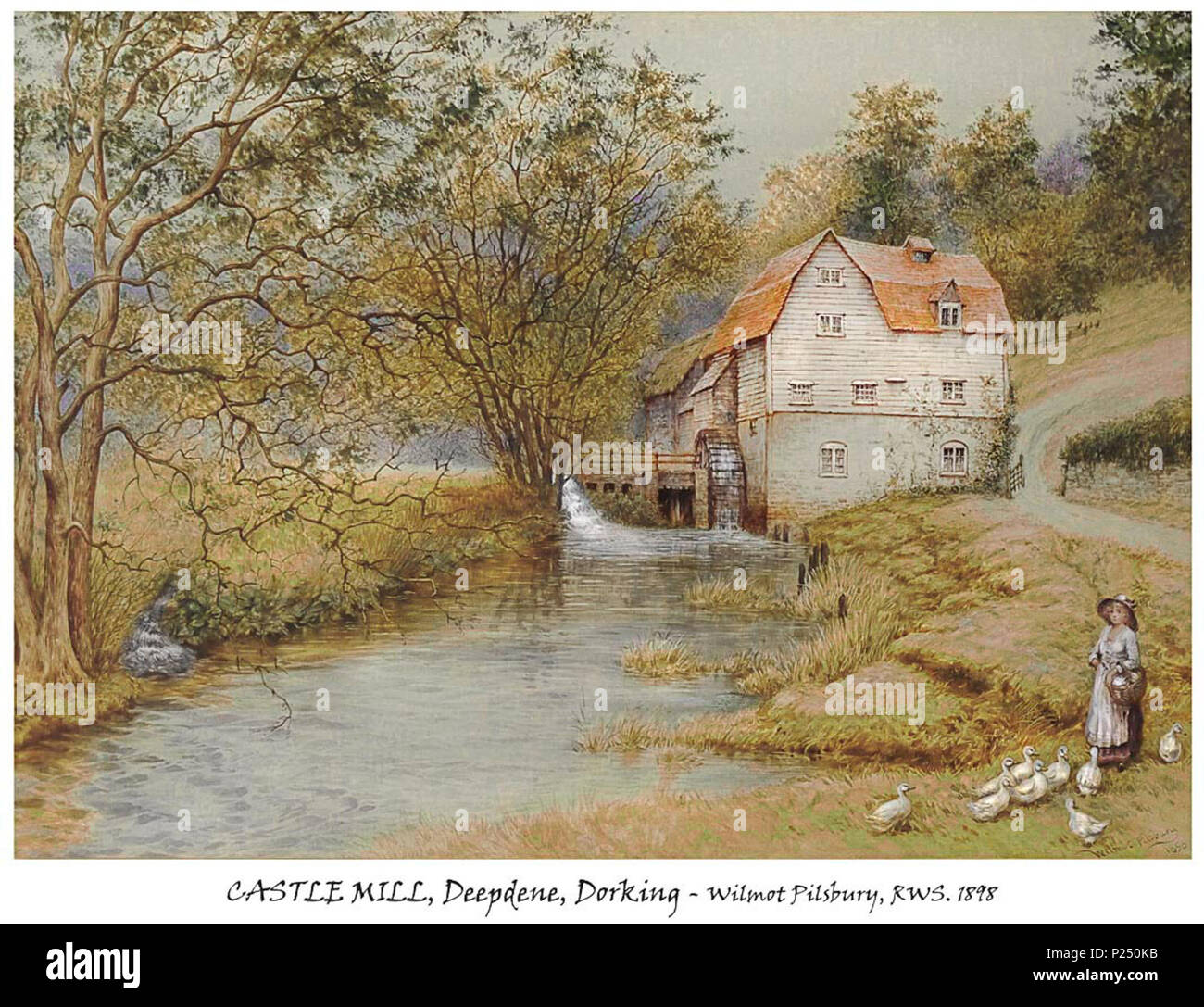 . English: CASTLE Mill on the river Mole at Deepdene, Dorking, Surrey, England.. Painted i n 1898. 1898. Wilmot Pilsbury 225 PILSBURY WILMOT - Castle Mill, River Mole, Deepdene, Dorking, 1898 Stock Photo
