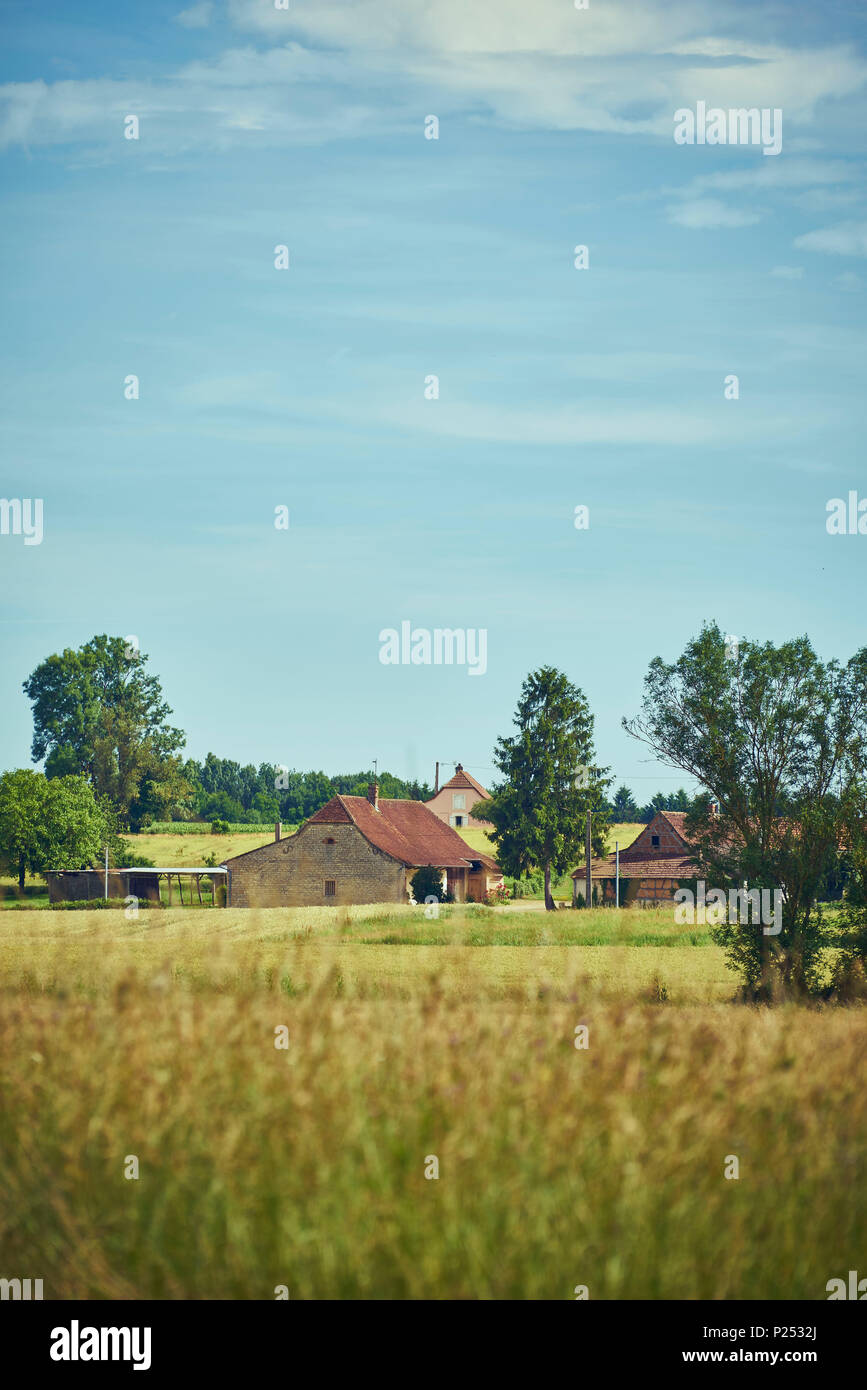 Hamlet with several farms on a meadow with trees and the sun Stock Photo