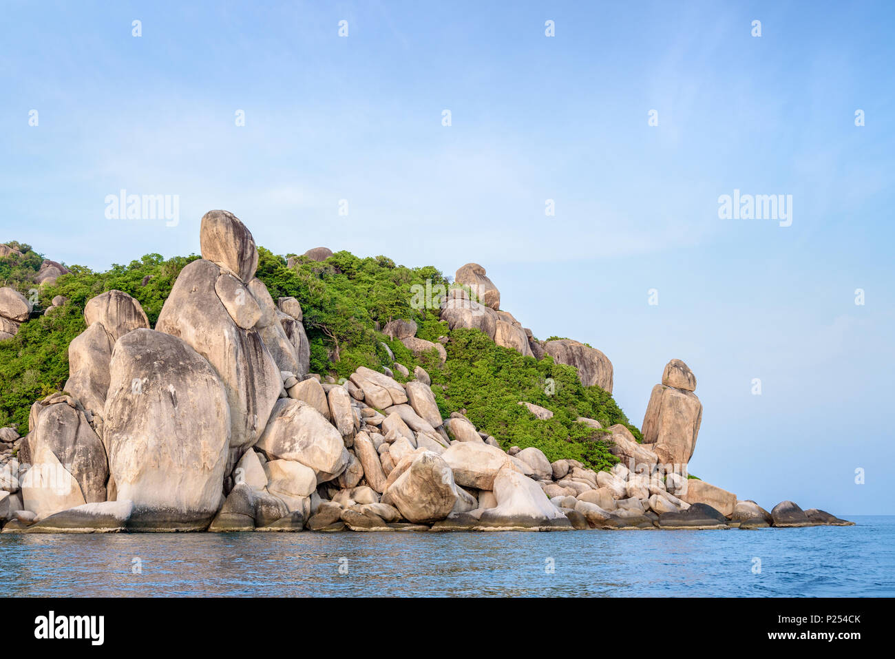 Beautiful nature landscape group exotic rock of Buddha Point at cape near John-Suwan viewpoint under the blue sky on the sea during summer, Ko Tao isl Stock Photo