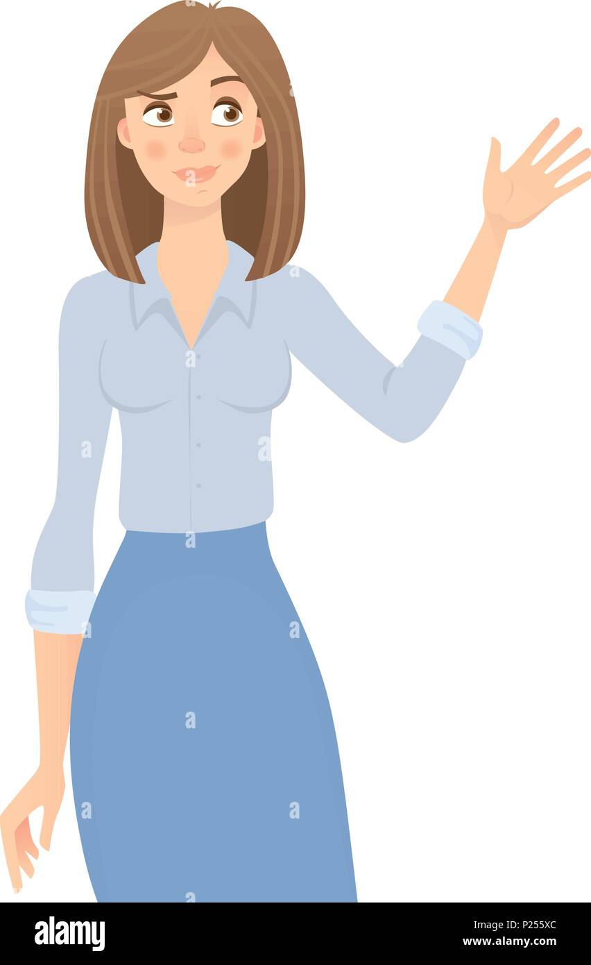 Business woman isolated. Business pose and gesture. Young businesswoman vector illustration. Hand up Stock Vector