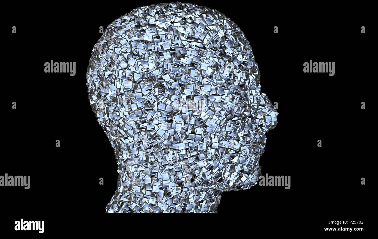 Face made of shiny metal cubes.Side View black background.  Chaotic , random cube dispersal. 3d render Stock Photo