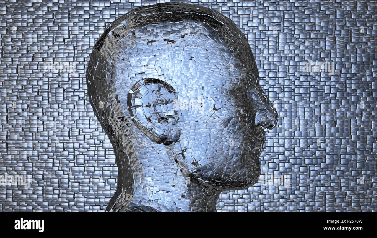Face made of shiny metal cubes.Side View, cubic background. 3d render. High density thick , even cube dispersal Stock Photo
