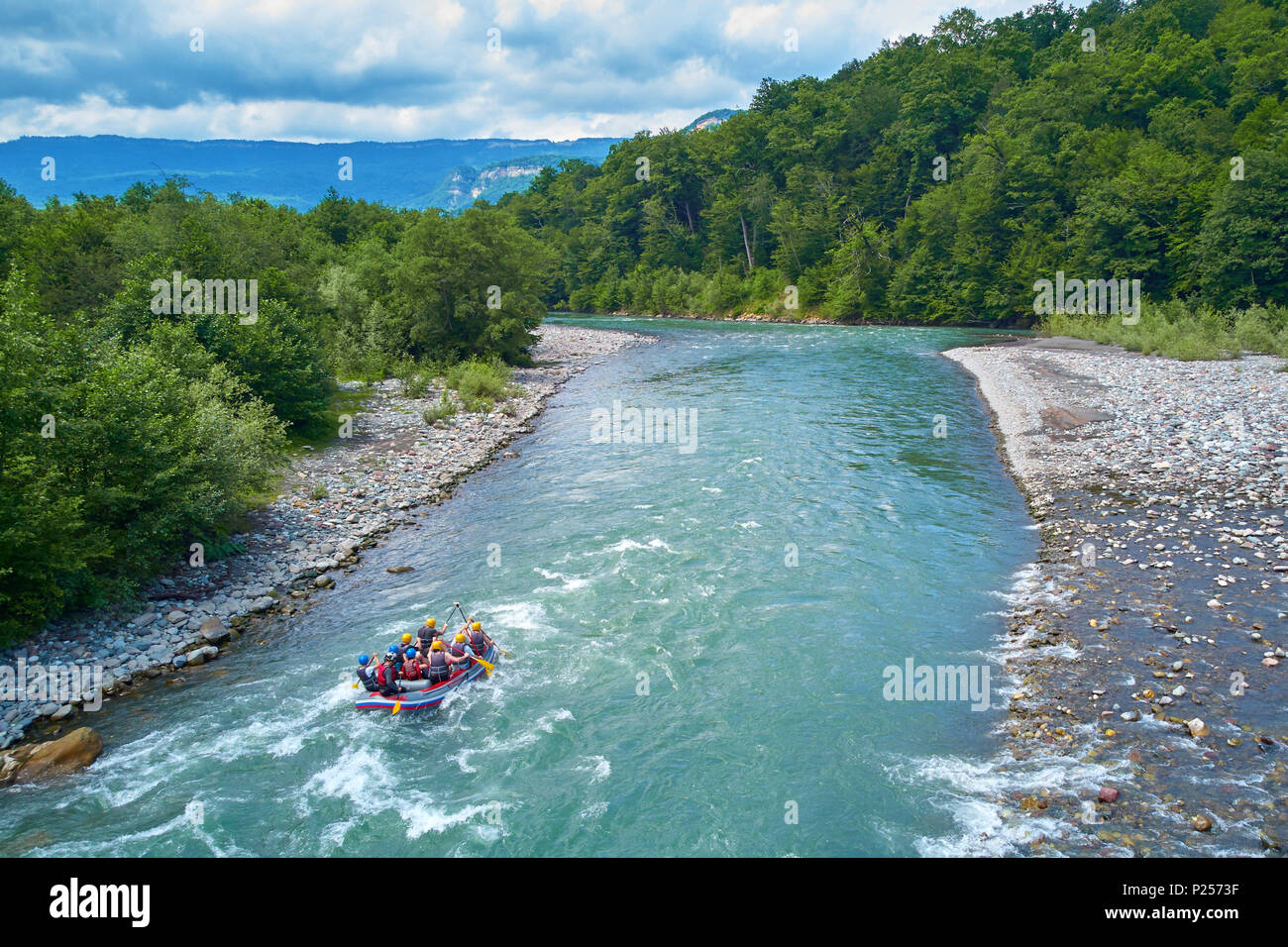 rafting on a mountain river Stock Photo
