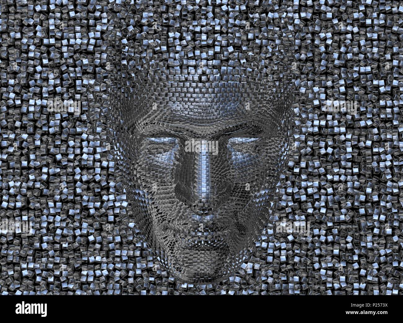 Face made of shiny metal cubes. Looking Down.3d render Stock Photo