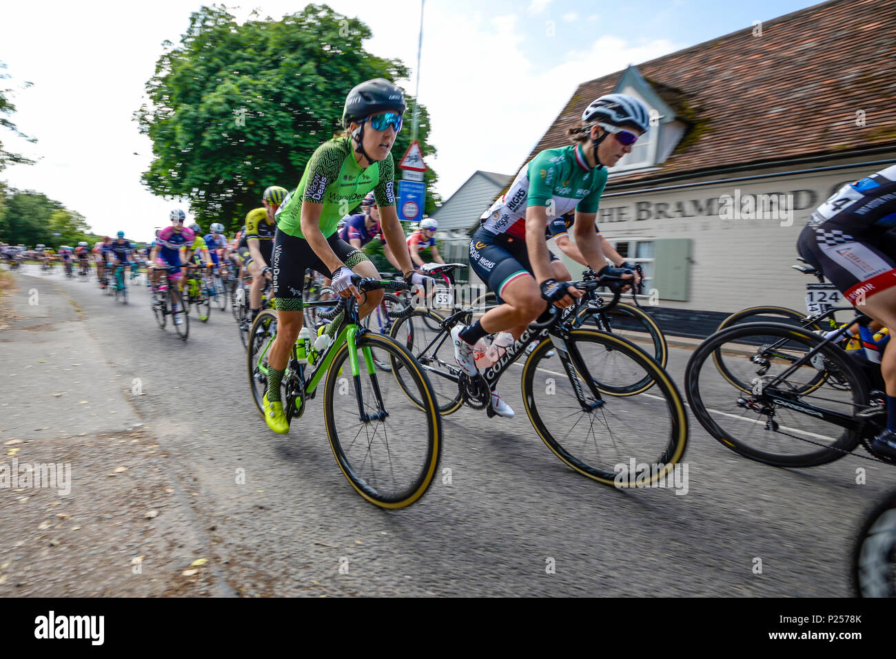 OVO Energy Women's Tour of Britain cycle race  passes through Bramford, Suffolk, UK. Dani Rowe and Elisa Longo Borghini racing through village Stock Photo