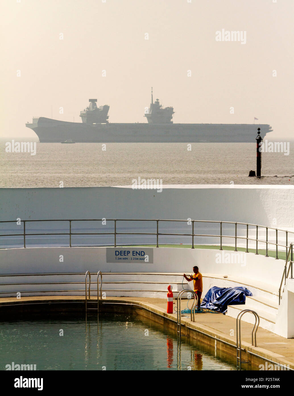 Aircraft carrier HMS Queen Elizabeth visits Penzance in Mount's Bay, Cornwall Stock Photo