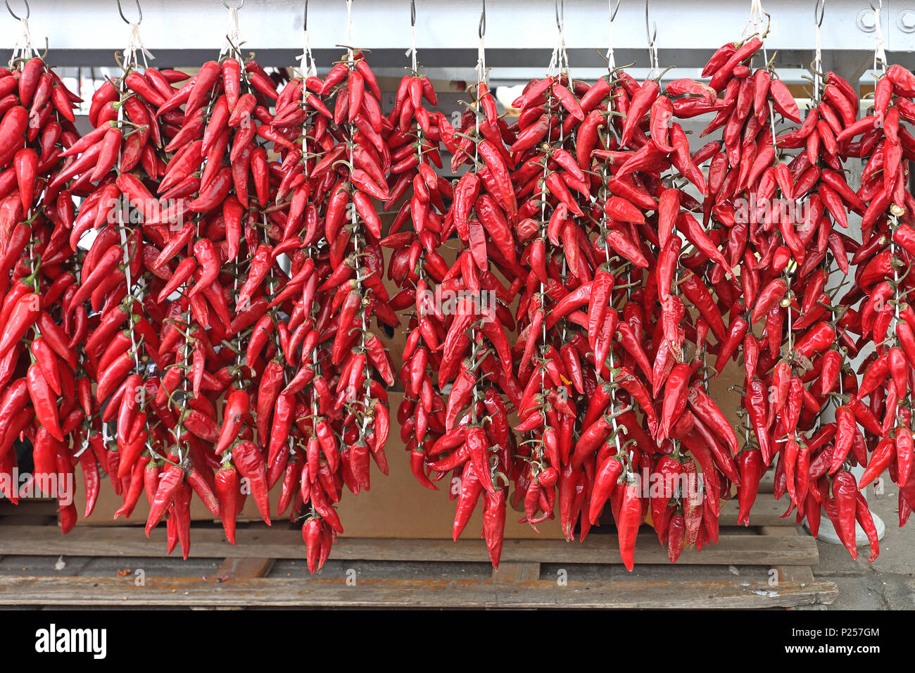 Red and Hot Chili Peppers Hanging at Strings Stock Photo - Alamy