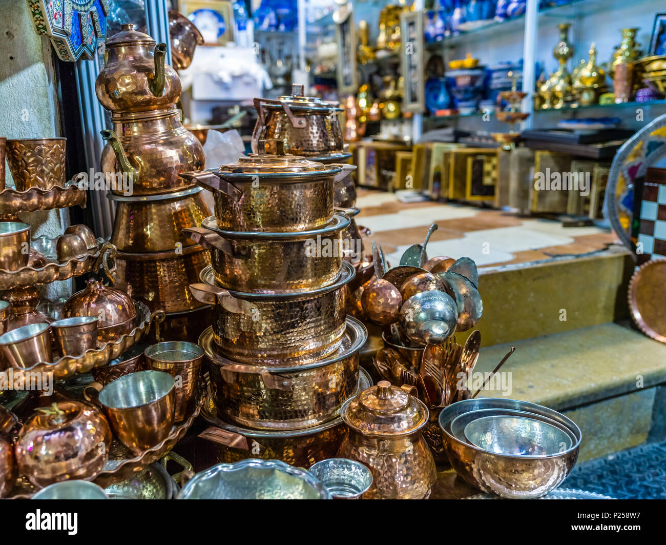 Wakil bazaar in Shiraz, copper frying pans Stock Photo