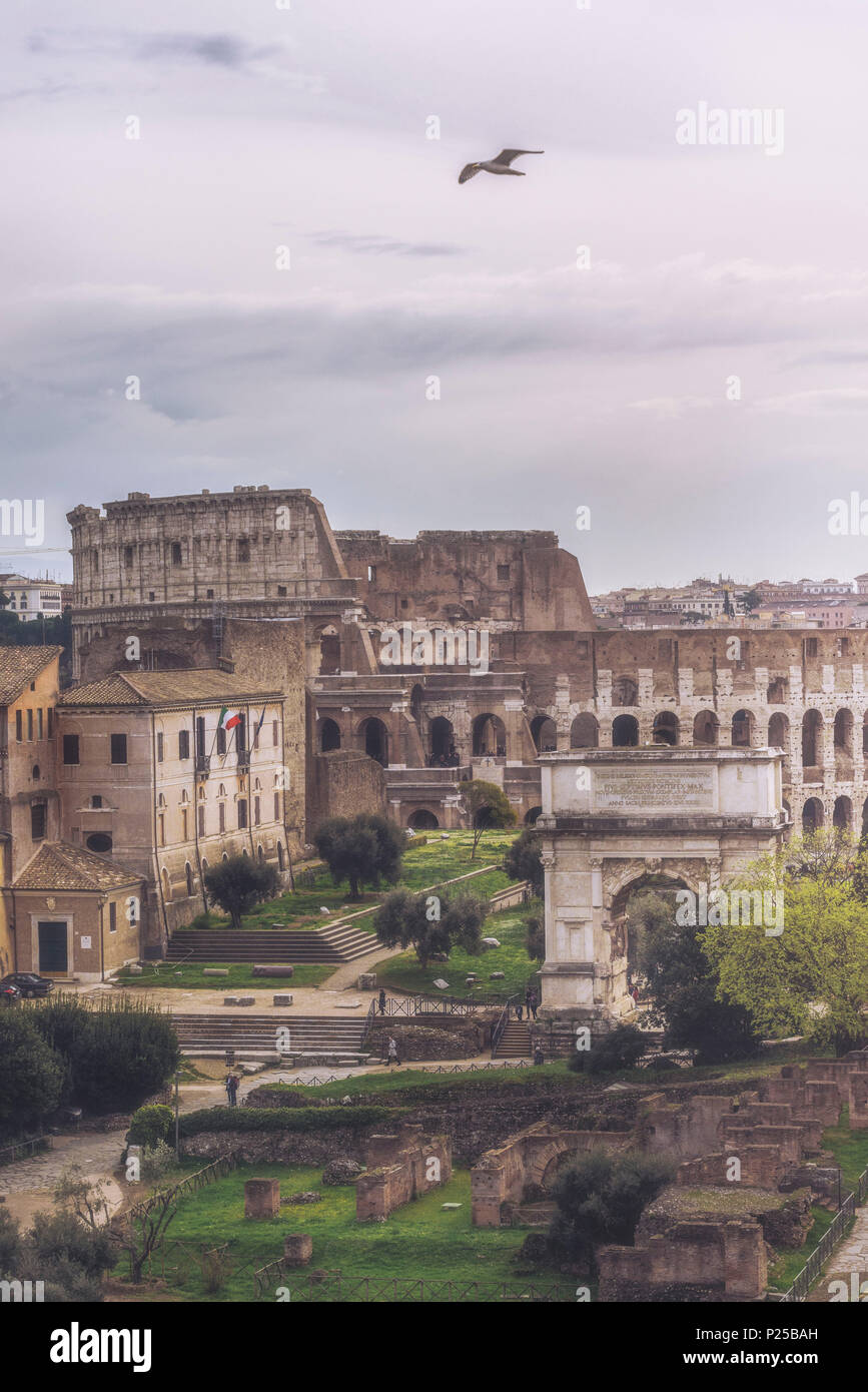 Rome, Latium, Italy. The famous Roman Forum with Colosseum on the background. Stock Photo