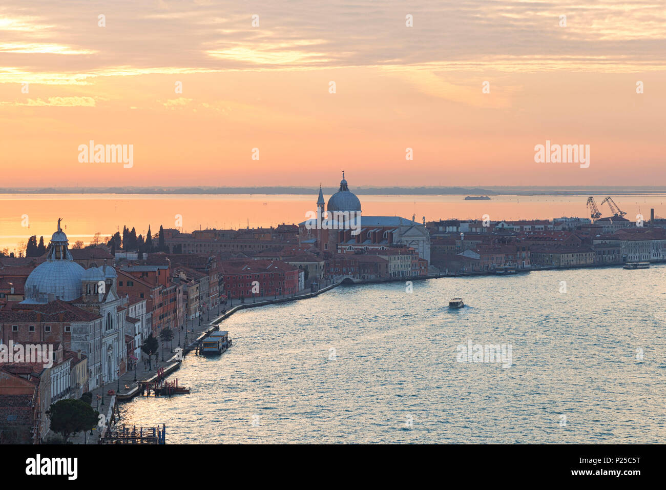 Sunset on Giudecca Island from the bell tower of San Giorgo Maggiore, Venice, Veneto, Italy. Stock Photo